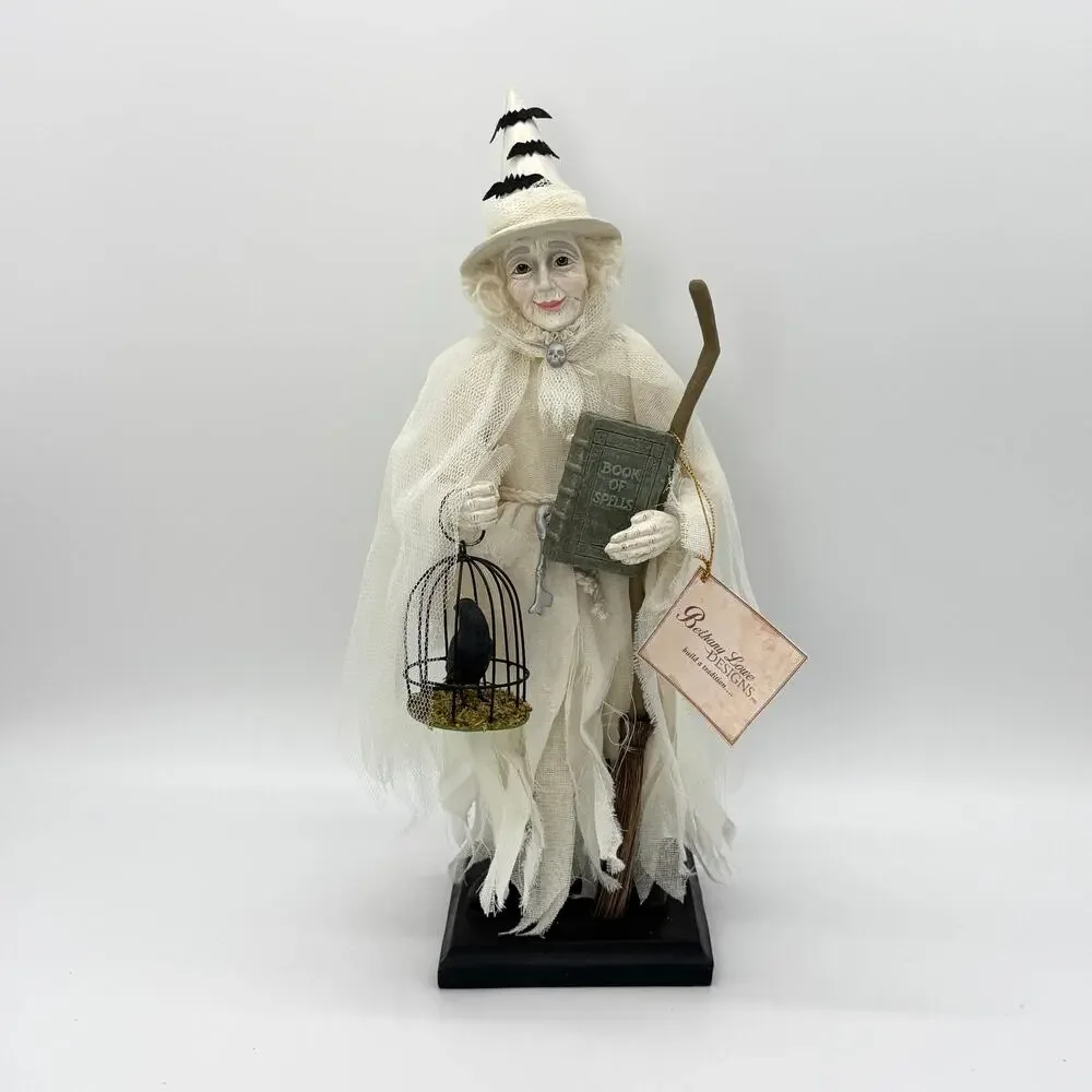 Bethany Lowe Ghostly Witch Halloween Figure with Crow Broom Stick & Spell Book